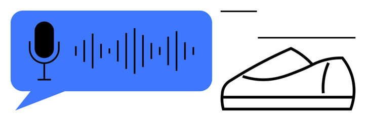Microphone in blue speech bubble with audio wave and black outline sneaker. Ideal for podcasts, voice recognition, smart wearables, fitness tech, innovation in footwear, accessibility, speech