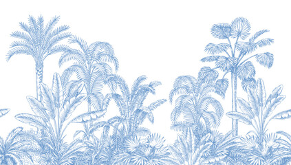 Toile tropical vintage botanical palm trees, banana tree, plants seamless border white background. Blue jungle mural.