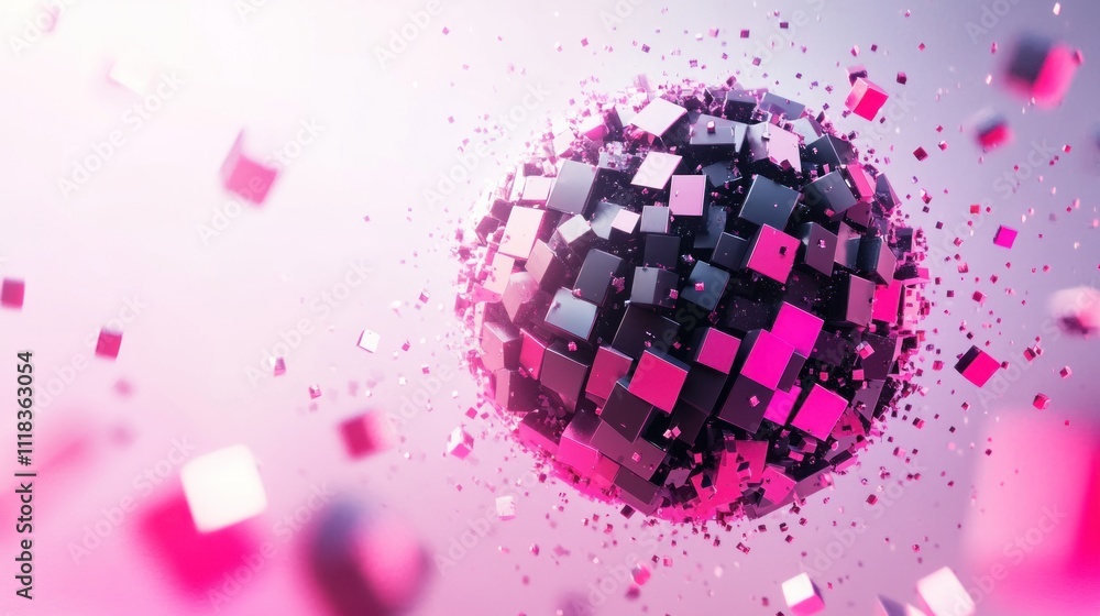 Poster Abstract sphere of exploding pink and black cubes.