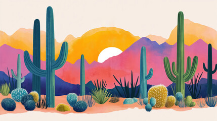 Scenic Arizona desert landscape at sunset. Vibrant colorful saguaro cacti, mountains in retro pop art style. Watercolor digital art illustration. Desert plants, colorful mountains. Ideal for travel