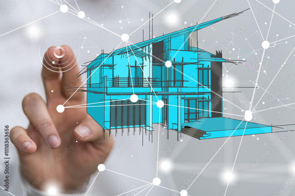Aufkleber home iot - neural network 3d illustration. big data and cybersecurity