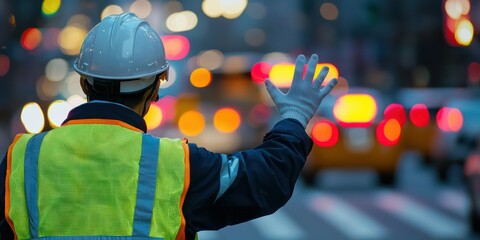 A close-up of a traffic controller using hand signals to direct vehicles at a busy intersection.