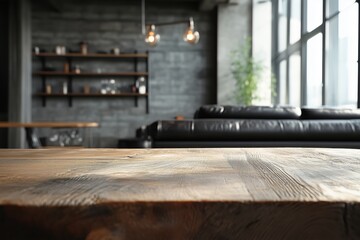 A wooden table with a view of a living room. The table is empty and the room is dimly lit