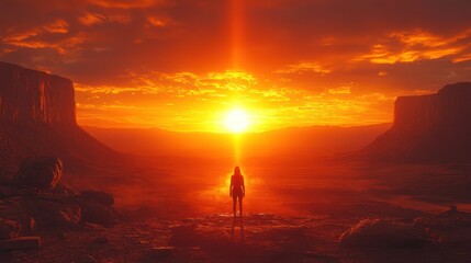 Fototapeta premium Woman silhouetted against vibrant sunset in vast desert landscape.