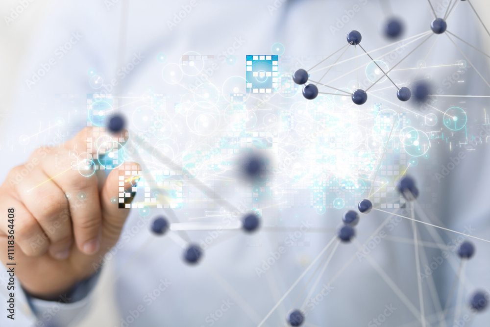 Poster Neural network 3D illustration. Big data and cybersecurity