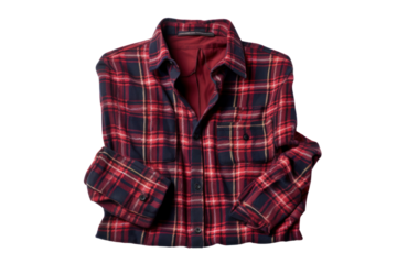 An overhead view of a flannel shirt with a classic tartan pattern, spread out on a white surface showing its texture isolated on white background
