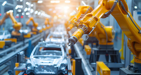 Car assembly line featuring number of robots working on different parts of the car
