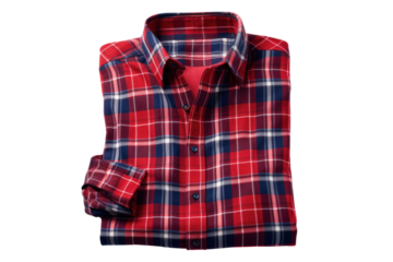 An overhead view of a flannel shirt with a classic tartan pattern, spread out on a white surface showing its texture isolated on white background