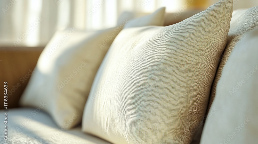 Poster soft decorative cushions rest elegantly on a stylish sofa, illuminated by warm sunlight streaming th