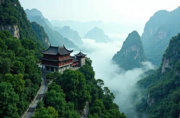 Mystical mountain pagoda surrounded by clouds and lush green valleys