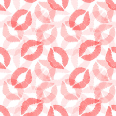 Red lip prints on a white background. Seamless vector pattern, print, illustration for Valentine's Day