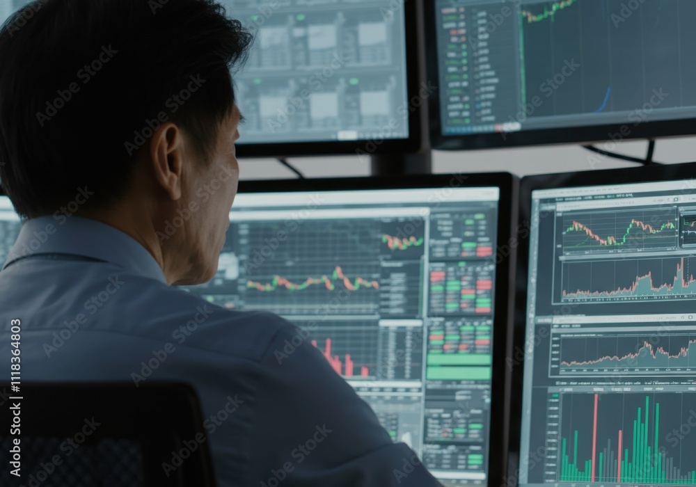 Poster stockbroker analyzing real-time market data on multiple computer screens, making investment decision