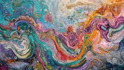 A vibrant abstract painting featuring swirling colors and intricate patterns, evoking a sense of movement and fluidity.