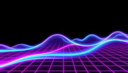 Retro-futuristic abstract background with glowing neon gridlines and waveforms. Incorporate bold colors like neon pink cyan and purple against a black or dark gradient backdrop.