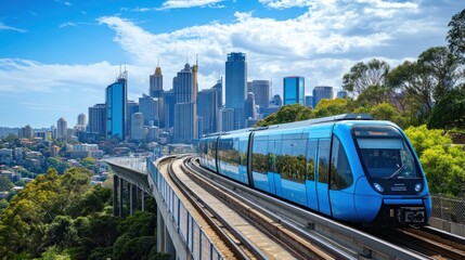Naklejka premium Modern light rail train on elevated track overlooking city skyline.