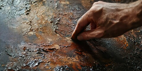 Fototapeta premium A close-up of an artistâ€™s hand applying thick paint to a canvas, capturing the texture and intensity.