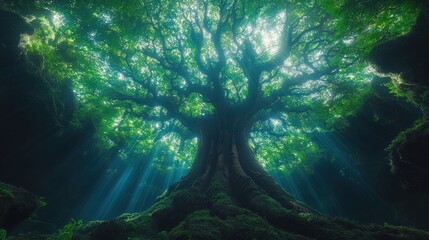 Obraz premium Majestic ancient tree with sun rays.