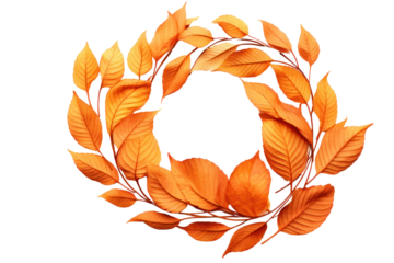 Abstract composition of dry orange metallic leaves placed in a spiral pattern Isolated on white background