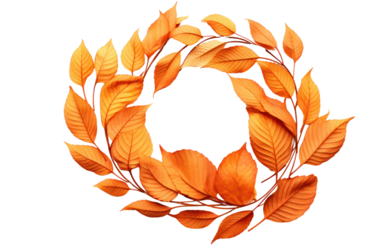 Abstract composition of dry orange metallic leaves placed in a spiral pattern Isolated on white background