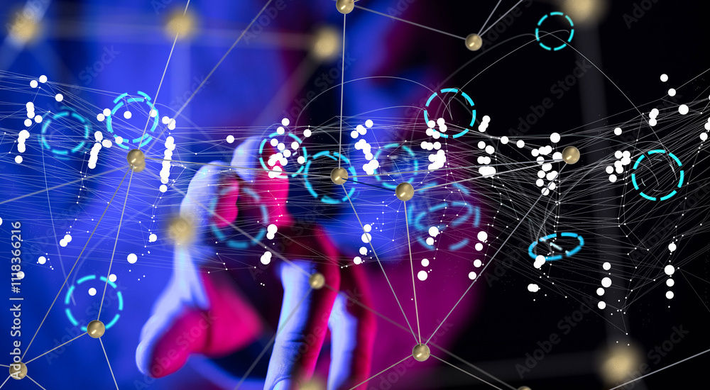 Poster Global network. Blockchain. 3D illustration. Neural networks and artificial intelligence. Abstract