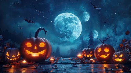Naklejka premium Lit jack-o'-lanterns on a spooky night with a full moon and bats.