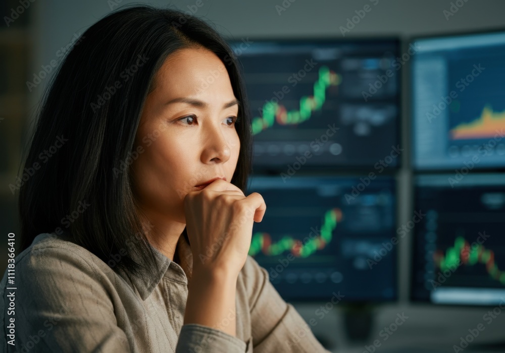 Poster focused stockbroker thoughtfully analyzing real-time market data displayed on multiple computer scre