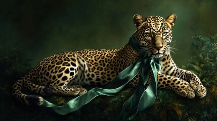 A leopard reclines elegantly in a lush environment, adorned with a striking silk ribbon. The setting is tranquil, highlighting the animal's beauty and poise
