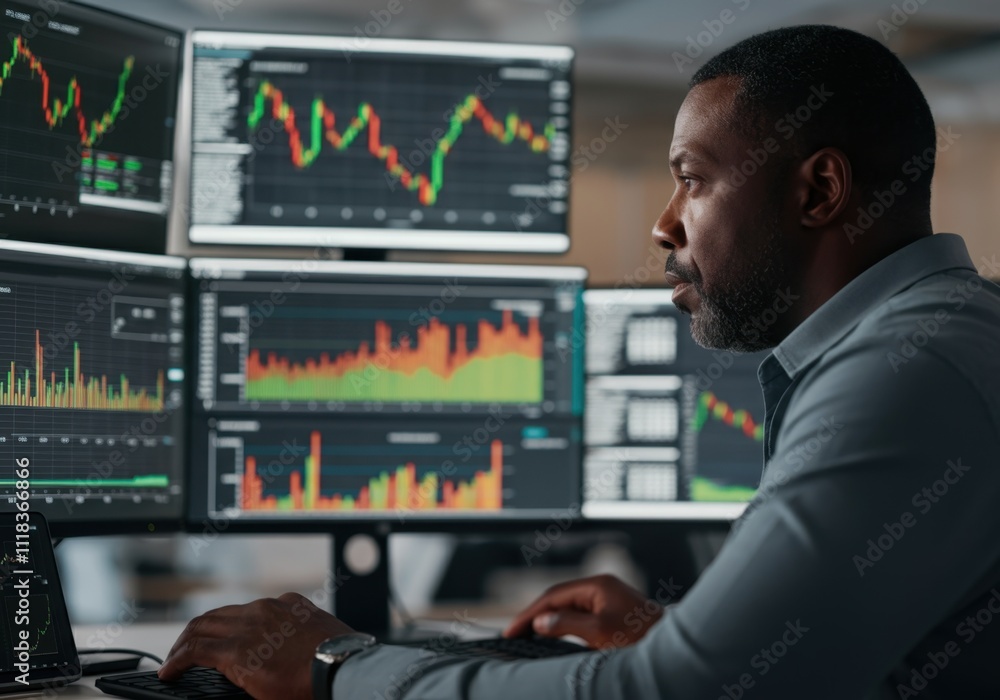 Poster financial analyst working with multiple computer screens showing trading charts and data
