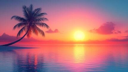 Vibrant sunset over tranquil ocean with lone palm tree on small beach.
