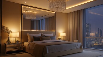 Fototapeta premium Luxury Hotel Room Interior with City View and Crystal Chandelier at Night
