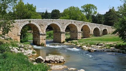 Fototapeta premium Ancient stone bridge arches over a flowing river.