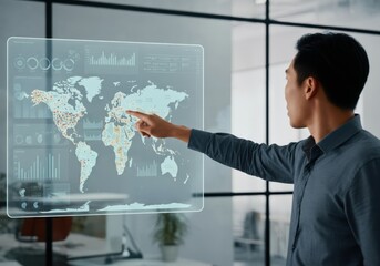 Project manager analyzes an interactive global map with data visualization in a futuristic office