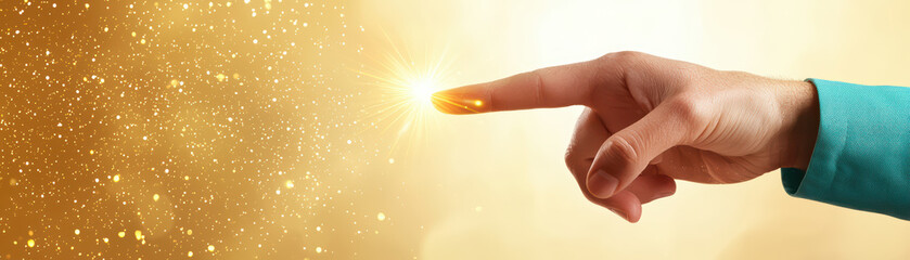 hand reaching out to touch glowing spark in golden background, symbolizing inspiration and creativity. scene evokes sense of wonder and possibility