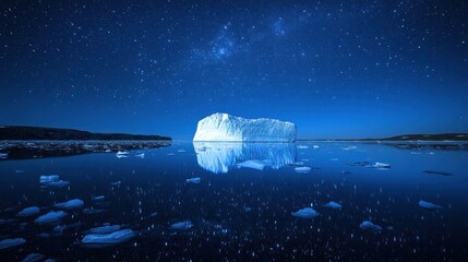 Obraz premium Majestic iceberg under starry night sky, reflecting on calm arctic water.