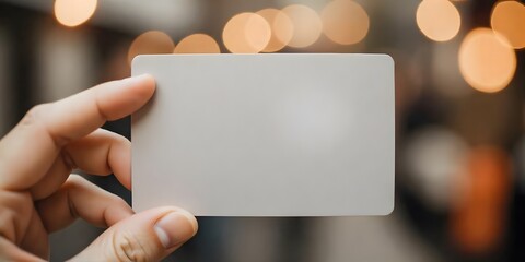 A hand holding a blank white card against a blurred background with warm, glowing lights. Space for text.