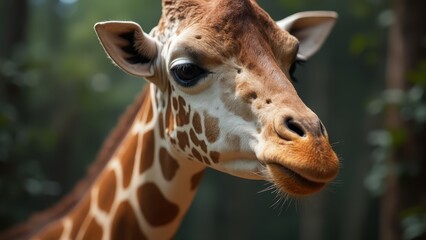  A close up of a giraffe's face with trees in the background