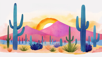 Scenic desert landscape sunset view Arizona national park. Vivid colorful cactus, mountains. Retro vintage pop art style. Watercolor digital art illustration. Desert landscape view with saguaro