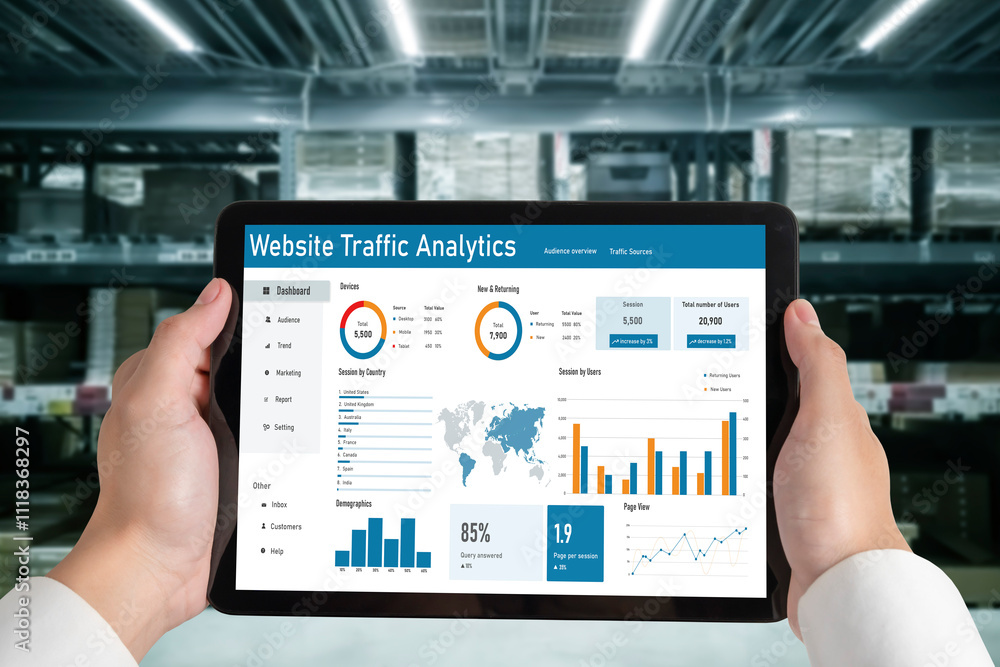 Poster computer software for website traffic analytics data on computer screen. concept of seo search engin