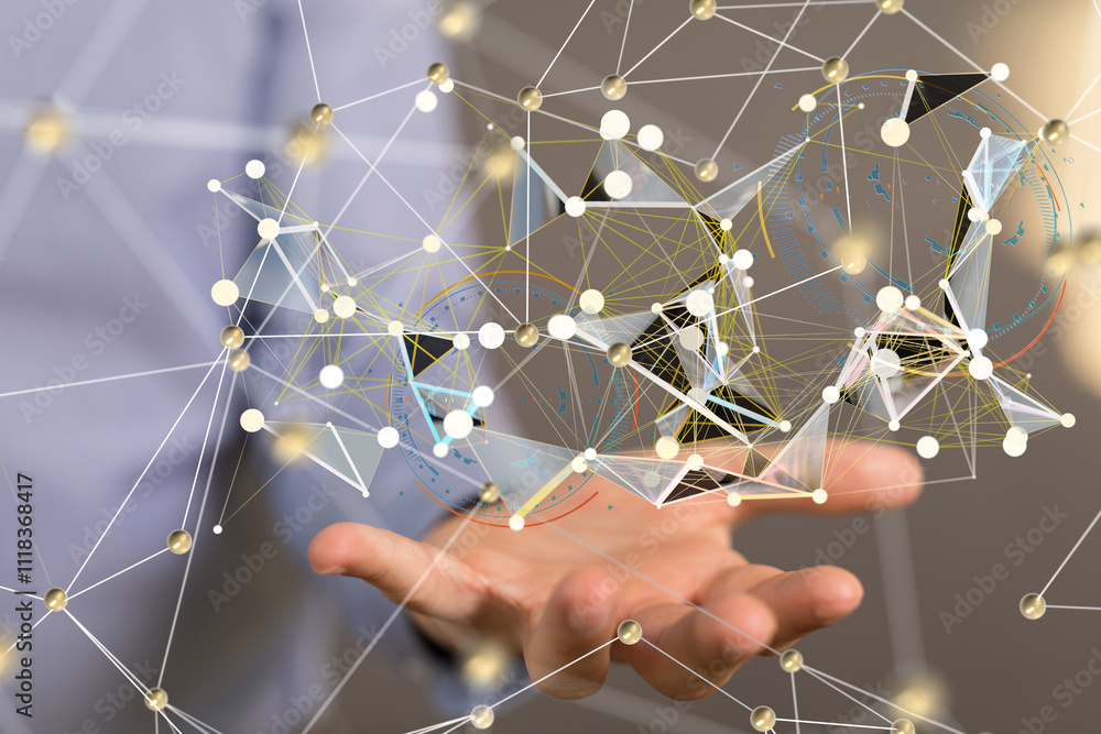 Poster Neural network 3D illustration. Big data and cybersecurity