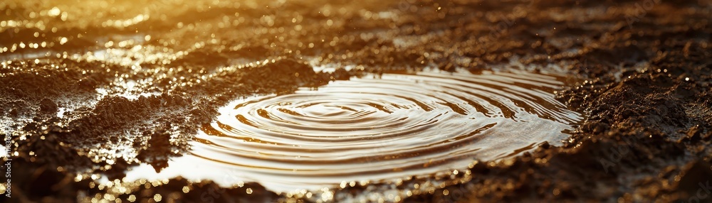 Aufkleber a close-up of rippling water in a muddy surface, illuminated by warm sunlight, creating a tranquil a