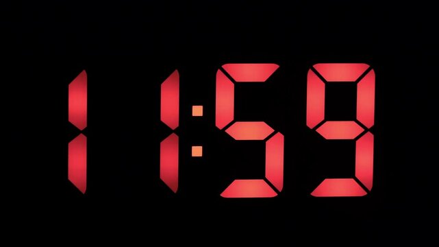 Countdown to midnight with a digital clock displaying 1159, indicating the last minute before a new hour or new year begins