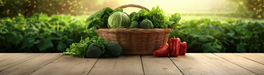 Fresh vegetables in wicker basket on wooden table, surrounded by lush greenery. vibrant colors of broccoli, peppers, and leafy greens create healthy and inviting scene