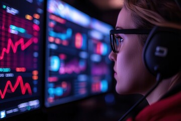 Sports technology streams via networks. Focused trader analyzing data on screens