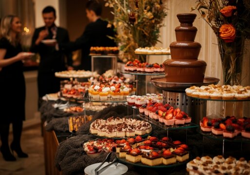 Guests enjoying a luxurious dessert buffet featuring a chocolate fountain and various pastries, cakes, and fruit desserts at a catered event - Powered by Adobe