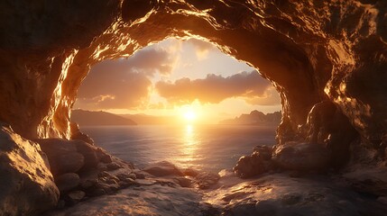 Sunset view from a coastal cave.