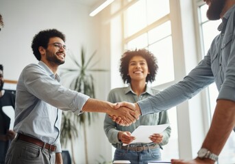 Business people shaking hands in modern office: closing a deal with handshake