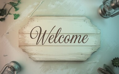 Rustic wooden welcome sign with elegant white lettering on a soft fabric background