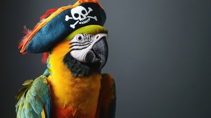 Naklejka premium A colorful parrot wearing a miniature pirate hat poses confidently against a dark background, displaying its unique personality and vibrant feathers, perfect for a whimsical moment
