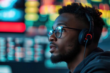 Sports technology streams via networks. Focused trader in a tech environment