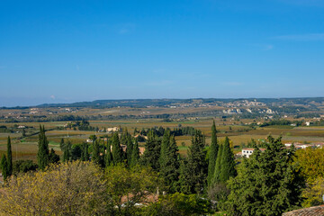 Scenic Agricultural Landscape Typical of Provence. View from Medieval Village of Sablet, Provence, France. Wine Plain of Vaucluse which Includes of Côte du Rhône Rasteau, Gigondas, Cairanne.